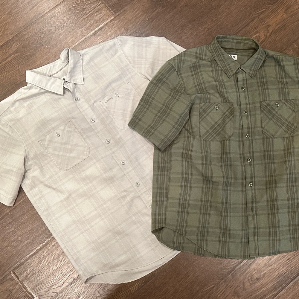 2 - Orvis Men's Olive& Beige Plaid Button Down Shirts Large